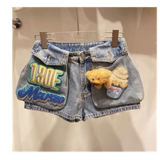 Girls' Denim Patchwork Cut-Off Shorts with Dog Plush and Decorative Patches