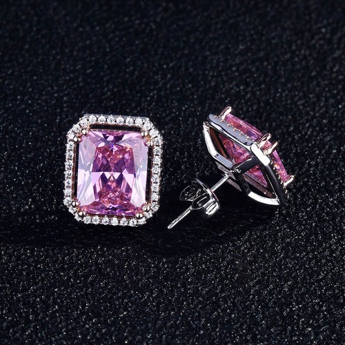 New Rectangle Charm Pink Kunzite Gemstone Luxury Silver Women Girl Stud Earring - Picture 5 of 6