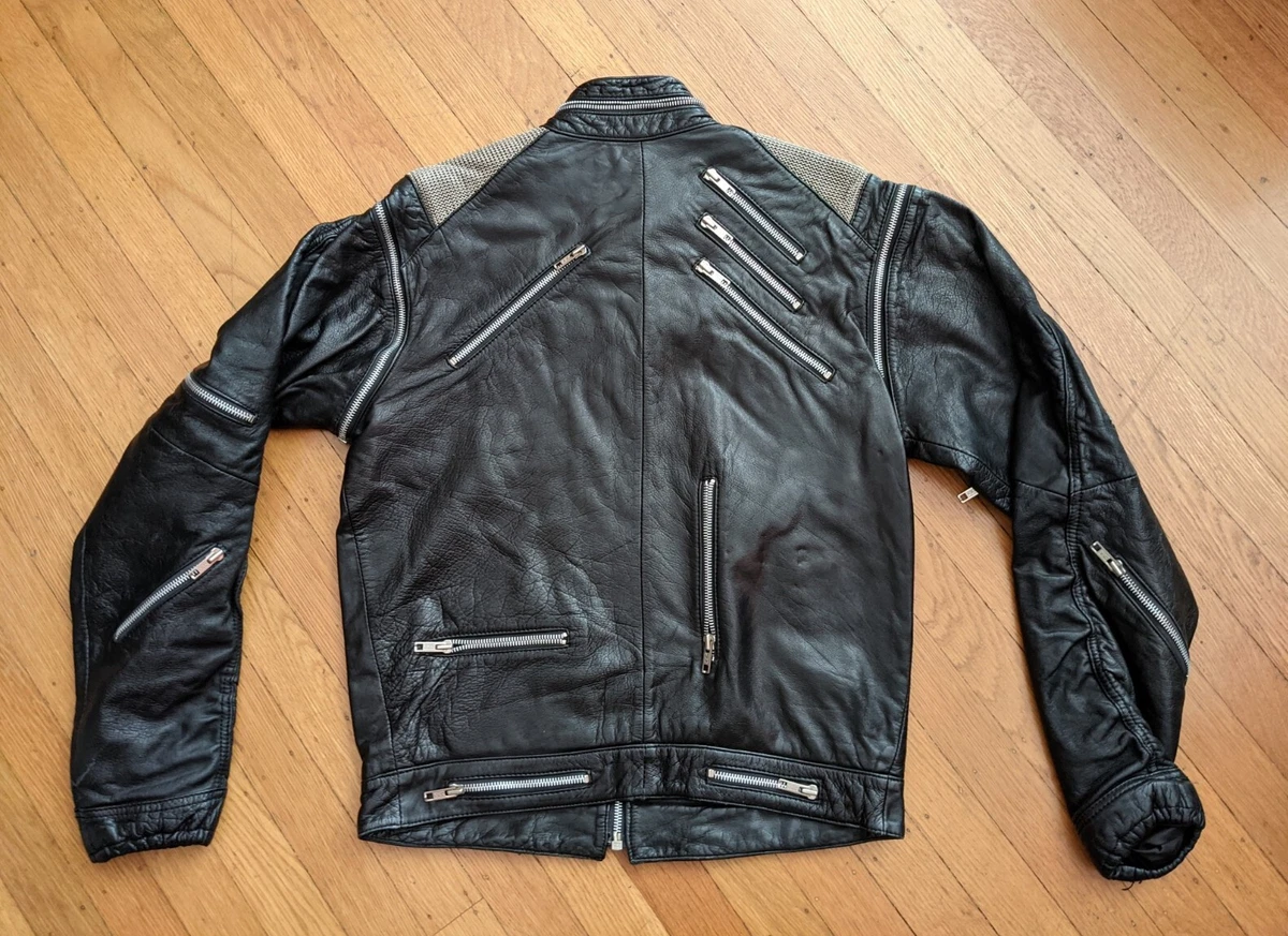 GENUINE 80s VINTAGE MICHAEL JACKSON BEAT IT BLACK LEATHER ZIPPER JACKET S 36