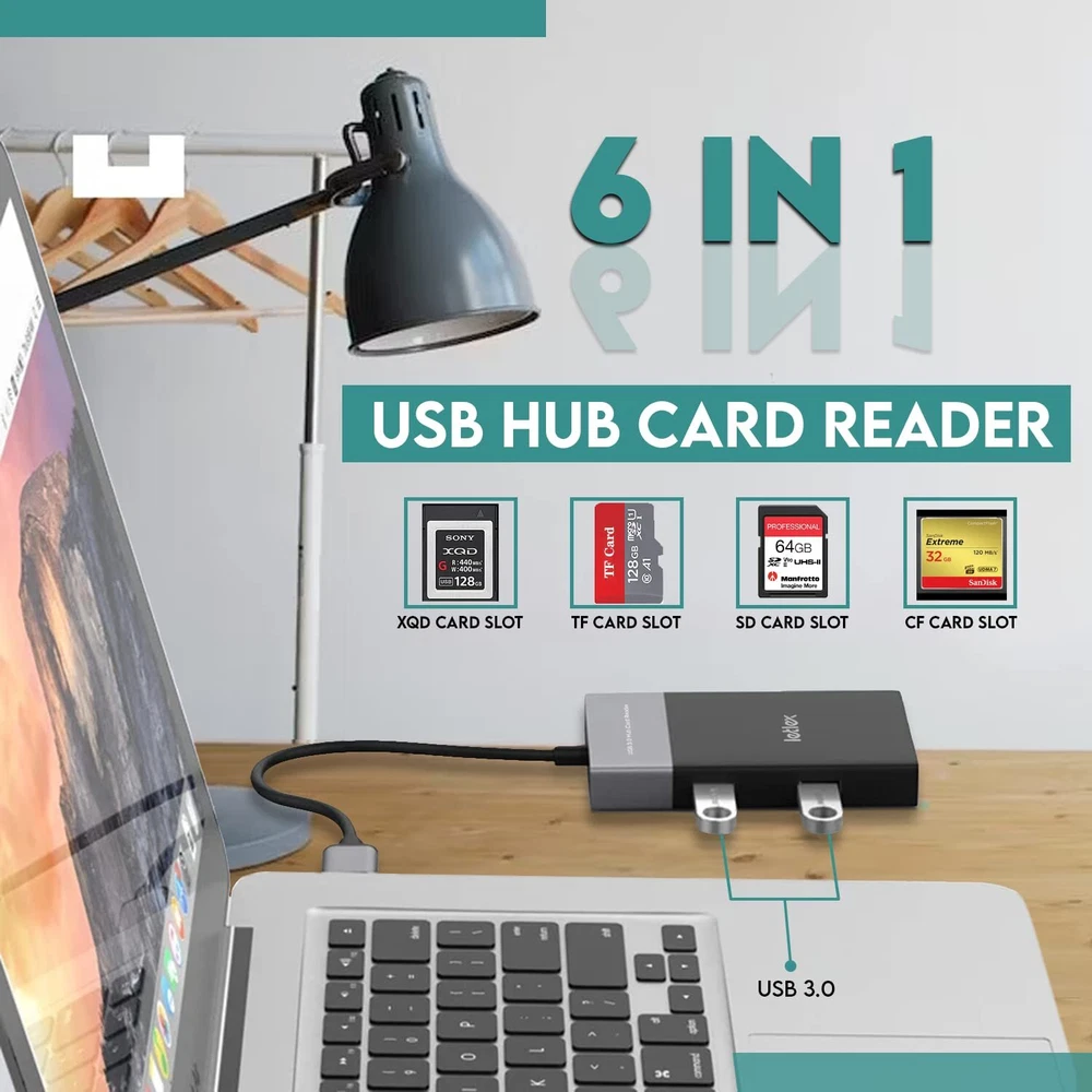 6in1 USB Type A Hub Card Reader – Multiport External Card Reader USB Hub – wi...