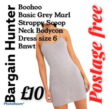 Boohoo Basic Grey Strappy Scoop Neck Bodycon Dress Size 6 Bnwt