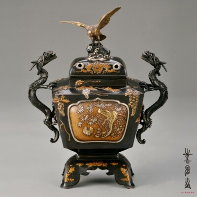 Koro Japanese Bronze Incense burner Takaoka Handcraft Gold Silver Fuji Japan