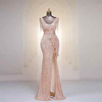 Evening Dress Tassel V Neck Ruffles High Split Women Sequin Long Prom Party Gown