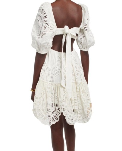 Zimmermann Vacay Lace Mini Dress | White, Linen/Cotton, Cut Out, Open Back, Puff - Picture 9 of 13