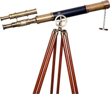 Double Barrel Floor Standing Antique Telescope with Wooden Tripod Stand Vintage