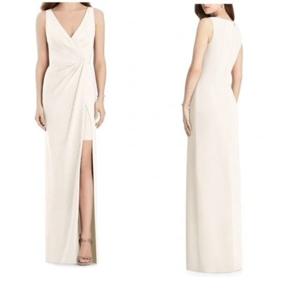 NWT Jenny Packhan Bridesmaids Crepe Drape V-neck Ivory Front Slit Dress Sz 4