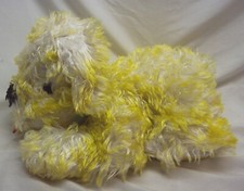 ANTIQUE 1950's FURRY YELLOW AND WHITE DOG W/ BOW 14" Plush Stuffed Animal Toy