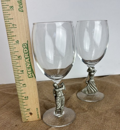 Pewter Male Female Golfers Wine Water Glass Golf Gift Vintage 2 Piece Set 7" - Picture 6 of 7