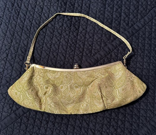Vintage Evening Bag - Gold Brocade and green satin lining with gem clasp