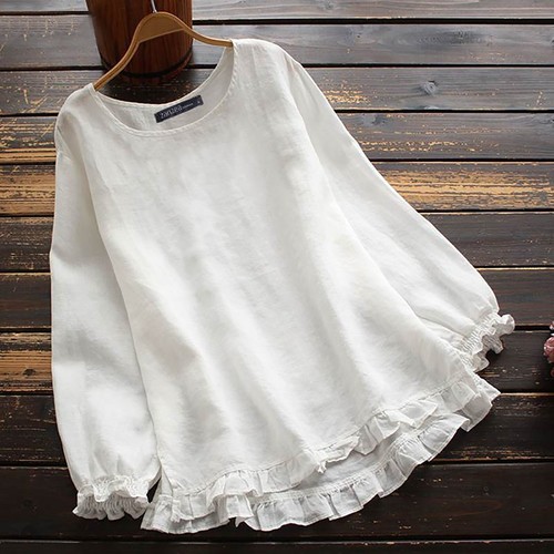 Women Summer Solid Shirt Cotton Linen Ruffle Crew Neck Long Sleeve Top Plus Size - Picture 7 of 22