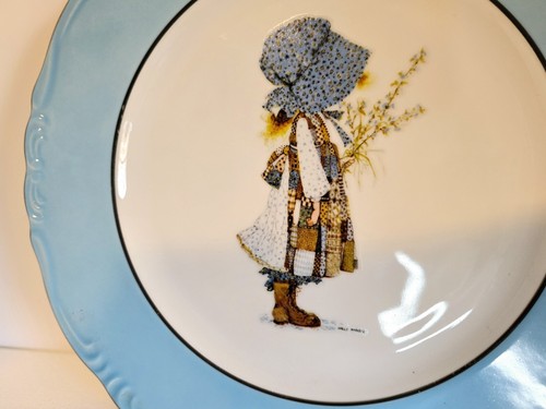 Holly Hobbie BLUE GIRL Round Platinum Trim Dinner Plates 10 3/8" Rare 1973 Set 2 - Picture 5 of 8