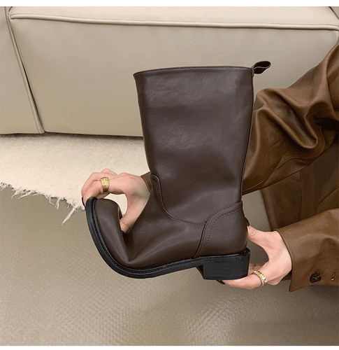 New Womens Casual Round Toe Low Block Heels Western Boots Pull on Mid-calf Shoes - Bild 9 von 26