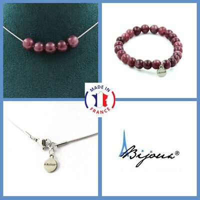 Parüre Schmuck Armband Halskette 5 Perlen Lepidolit 8 Mm. Kette IN Größe Perso