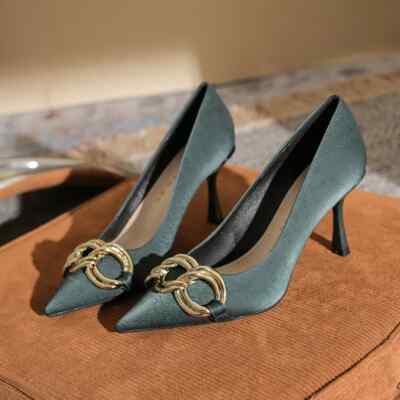 Damen Pumps Schuhe Grün Satin Bequem 8 cm Elegant Kunstleder 2350