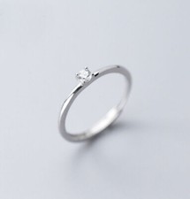 Women 925 Sterling Silver Tiny CZ Solitaire Dainty Adjustable Ring A3339