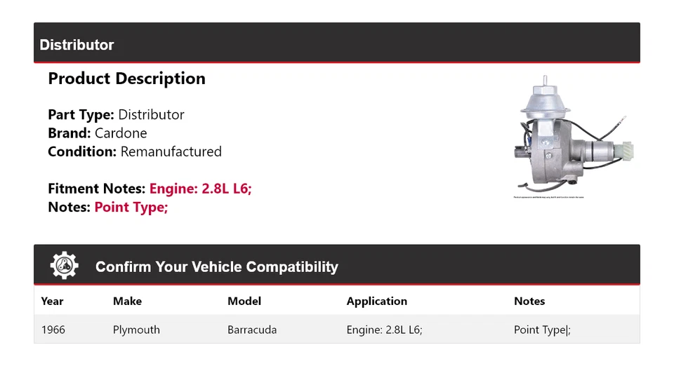 Cardone distribuidor Plymouth Barracuda 1966 2,8 L L6 Foto 2 de 4