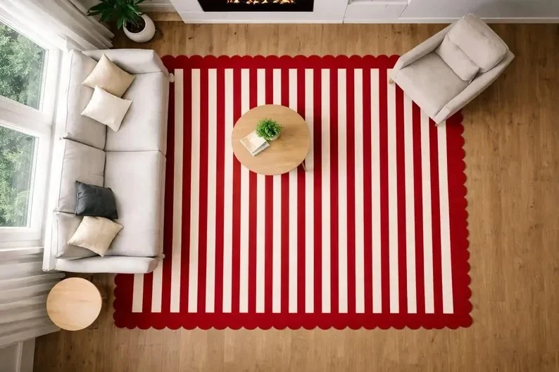 8x10 Scalloped Stripe Rug, Red White Striped Rug, Scallop Edge Area Rug