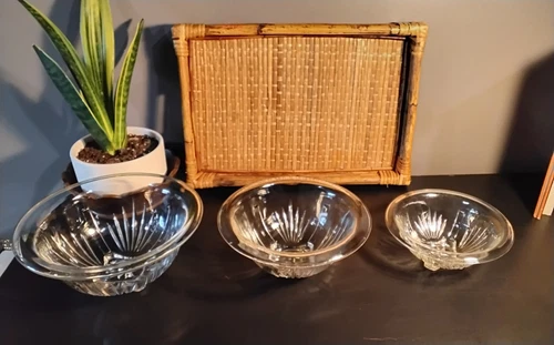 Set of 3 Hazel Atlas Glass Rim Edge Nesting Mixing Serving Bowls Depression EUC