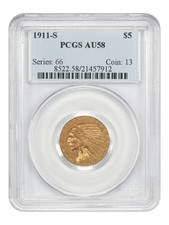 1911-S $5 PCGS AU58 - Indian $5 - Scarce S-Mint Half Eagle