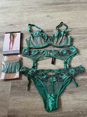 Ann Summers Käfig Rose Grün BH, Strapsgürtel, Slip & halterlose Strümpfe Gr. 34E 14-16