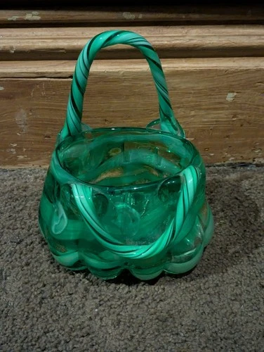 Art Glass Hand Blown Purse Murano style Green Striped Swirl Vase.