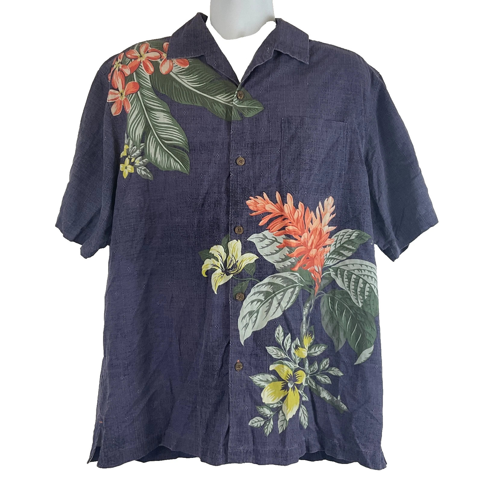 Tommy Bahama Original Fit Aloha Hawaiian Shirt L Blue Coral Green Button Front
