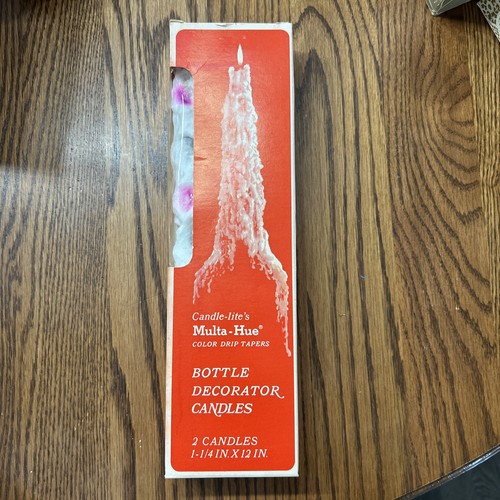 Vintage Set Of 2 1970's Candle Lite's Color Drip Bottle Taper Candles in Box