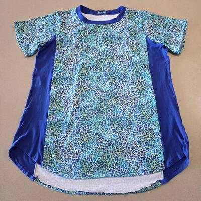 Blue Green Leopard Print Short Sleeve High Low Hem Crewneck Top SKU 1129