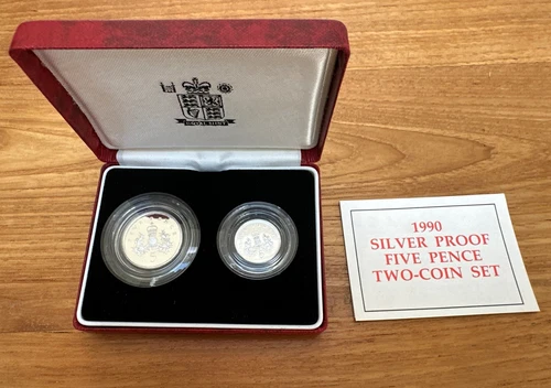 Royal Mint 1990 Silver Proof Five Pence Two-Coin Set Boxed COA