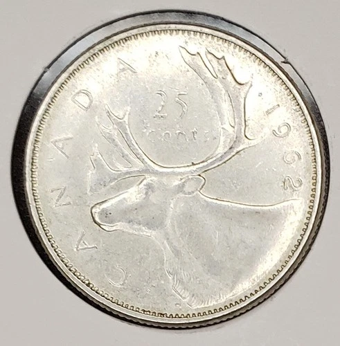 1962 Canada Silver 25 Cents • Elizabeth II Caribou • Sharp AU Silver Quarter