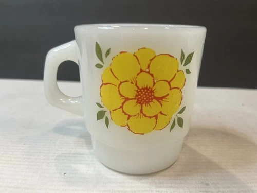 Vtg Fire King Mug Glass Yellow FlowerStacking Cup Mug  Anchor Hocking