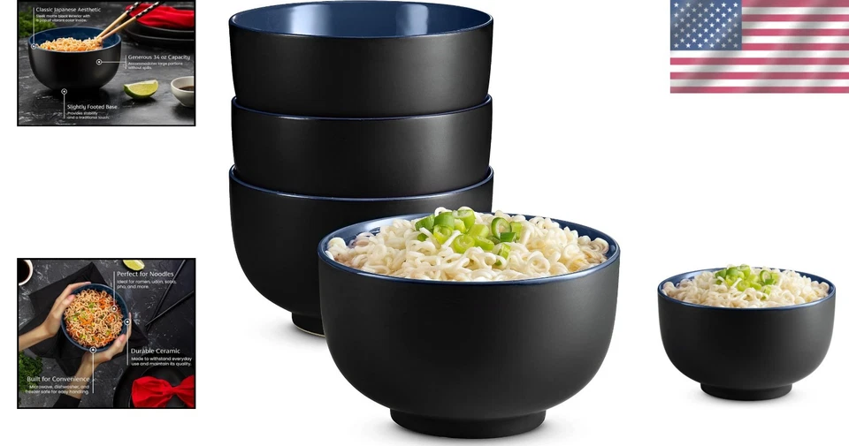 Traditional Japanese Bowls, 34 oz, Set of 4, Black/Navy - Image 2 of 4