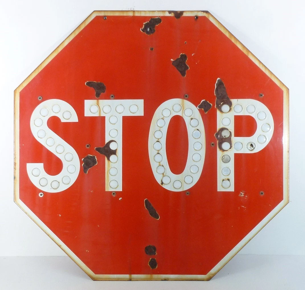 Sign Stop Vintage Yellow Street sign, Metal Road Embossed Retired
