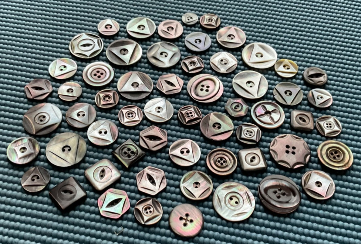 58 Antique Vintage Simply Carved Gray MOP Buttons - Medium to Large - Old Lot