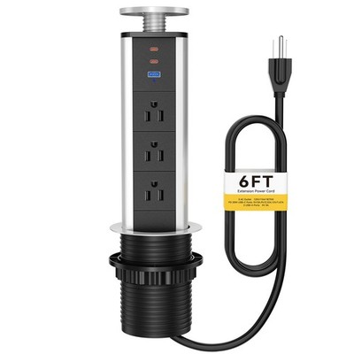 Pop Up Outlet for Countertop - 3 AC, 2 USB-C PD 20W, 1 USB-A. Retractable Power