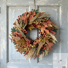20 Inch Fall Wreath for Front Door with Maple Leaves Berries Artificial Autumn