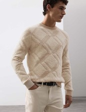 Marks & Spencer Mens Crew Long sleeved Geometric Jumper in Ecru - M&S