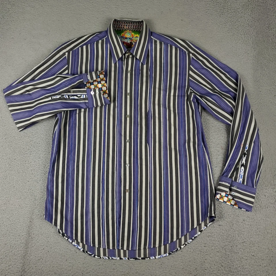 Robert Graham Shirt Mens Medium Blue Striped Flip Cuff Button Up Long Sleeve - Image 2 of 4