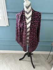 Chico's Size 3 Travelers Collection Black Purple Burgundy Open Front Cardigan
