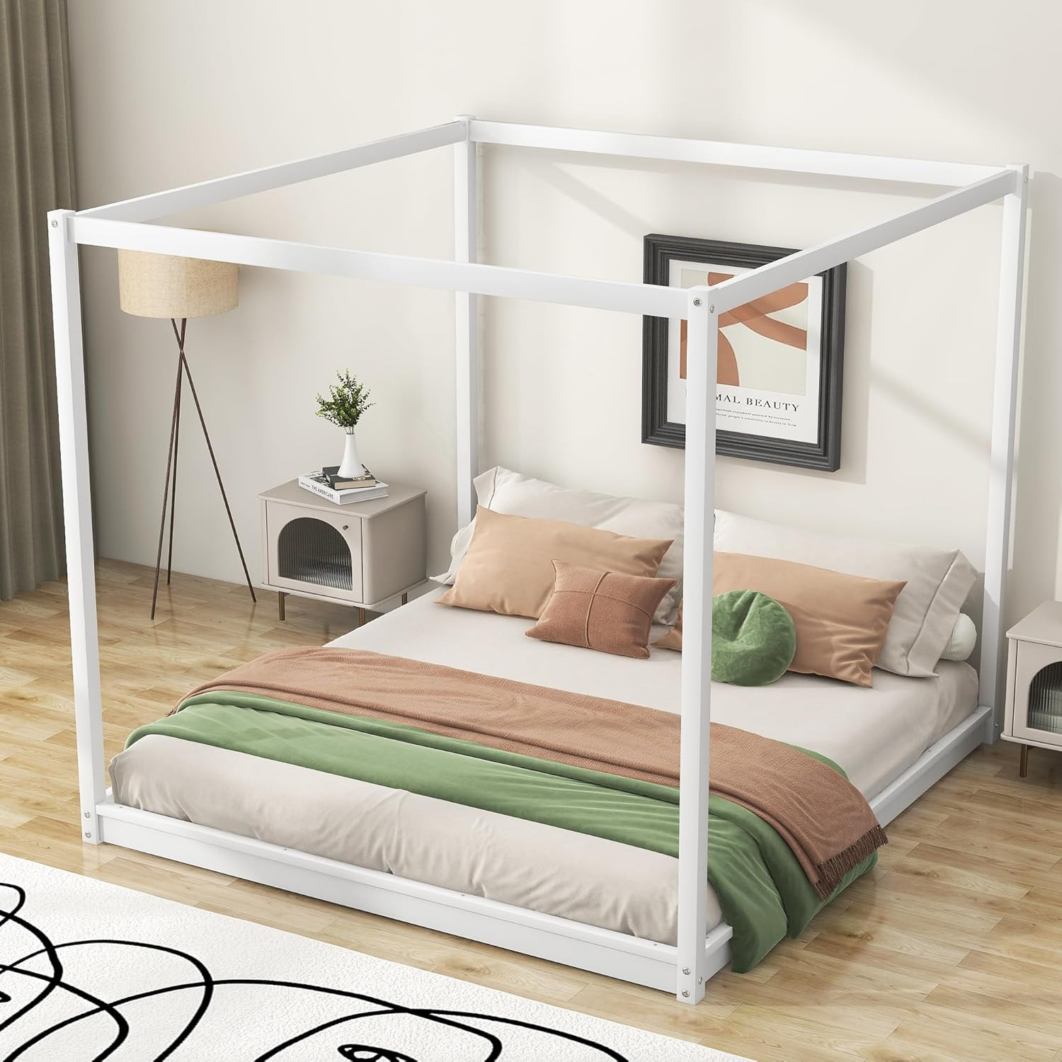 King Size White Canopy Platform Bed Frame with Support Legs