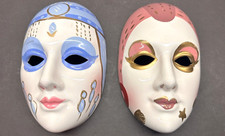 Set Of 2 Glazed Ceramic Wall Hanging Mardi Gras Masks 7.5" x 4.75"