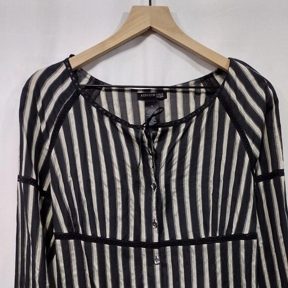 Top a rayas Kenneth Cole New York mezcla de seda para mujer 10 negro blanco retro años 90 Foto 2 de 4