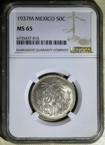 Mexico 1937 - M Silver 50 Centavos Uncirculated Unc Coin NGC MS 65 KM# 447