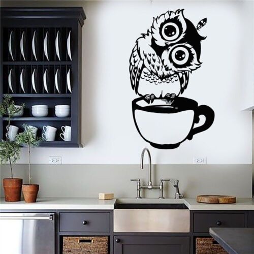 Black Owl Wall Sticker Coffe Cup Kitchen Decoration Dining Room Vinyl Poster 1PC - Picture 1 of 13