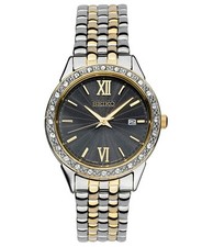 Seiko SUR684 Two Tone Black Dial Swarovski Crystals Womens Dress Watch Ret. 280