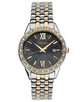 Seiko SUR684 Two Tone Black Dial Swarovski Crystals Womens Dress