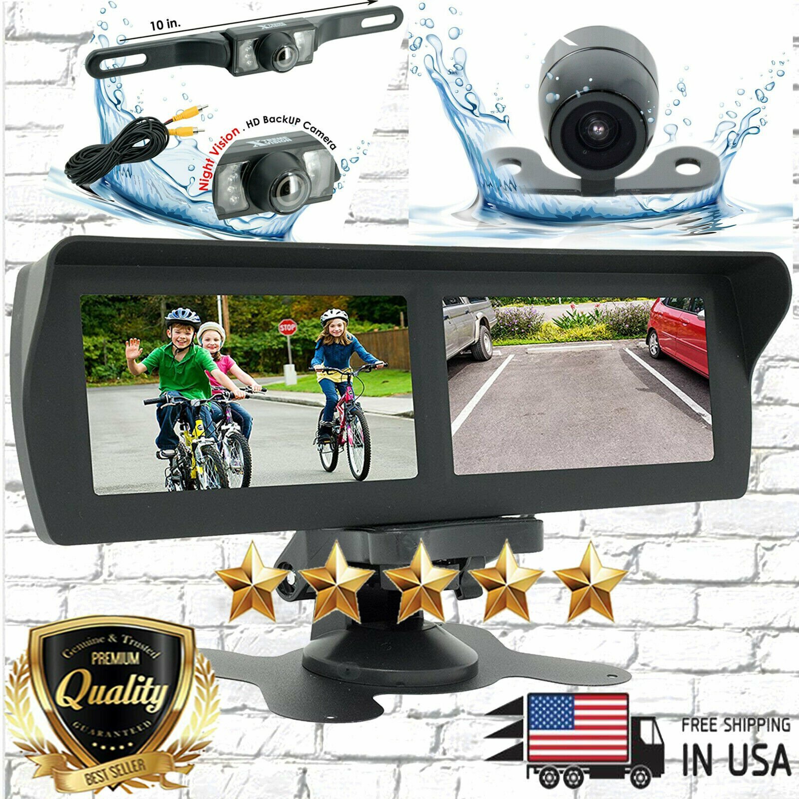 2x Cam 20C-95BK Waterproof Night Vision + 4.3" 2 Screens Vehicle Security System