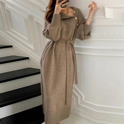 Robe Pull Tricot Femme Hiver Longue Haut Col Nœud Taille Mode Élégante - Photo 1/4