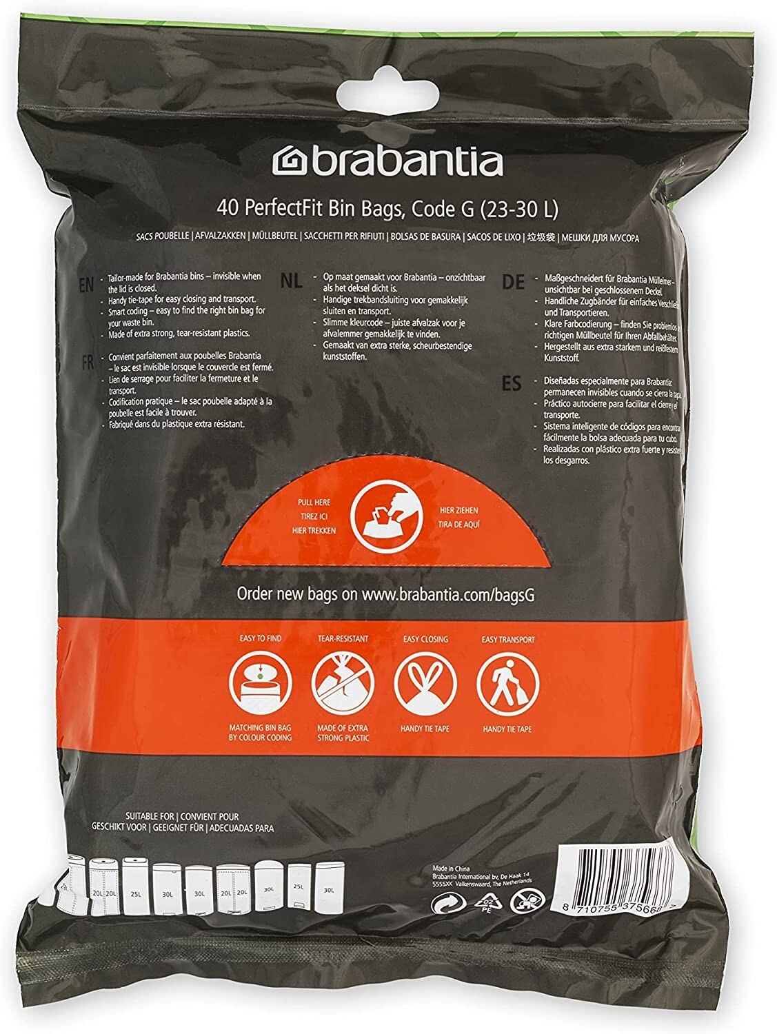 Brabantia Bin Liners Size G 2330 L 40Bags ExtraStrong Easy Transport