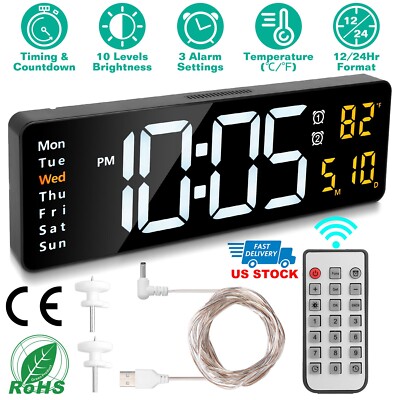  16'' Digital LED Desk Alarm Clock Large LCD Display Wall Clock Temperature Date 